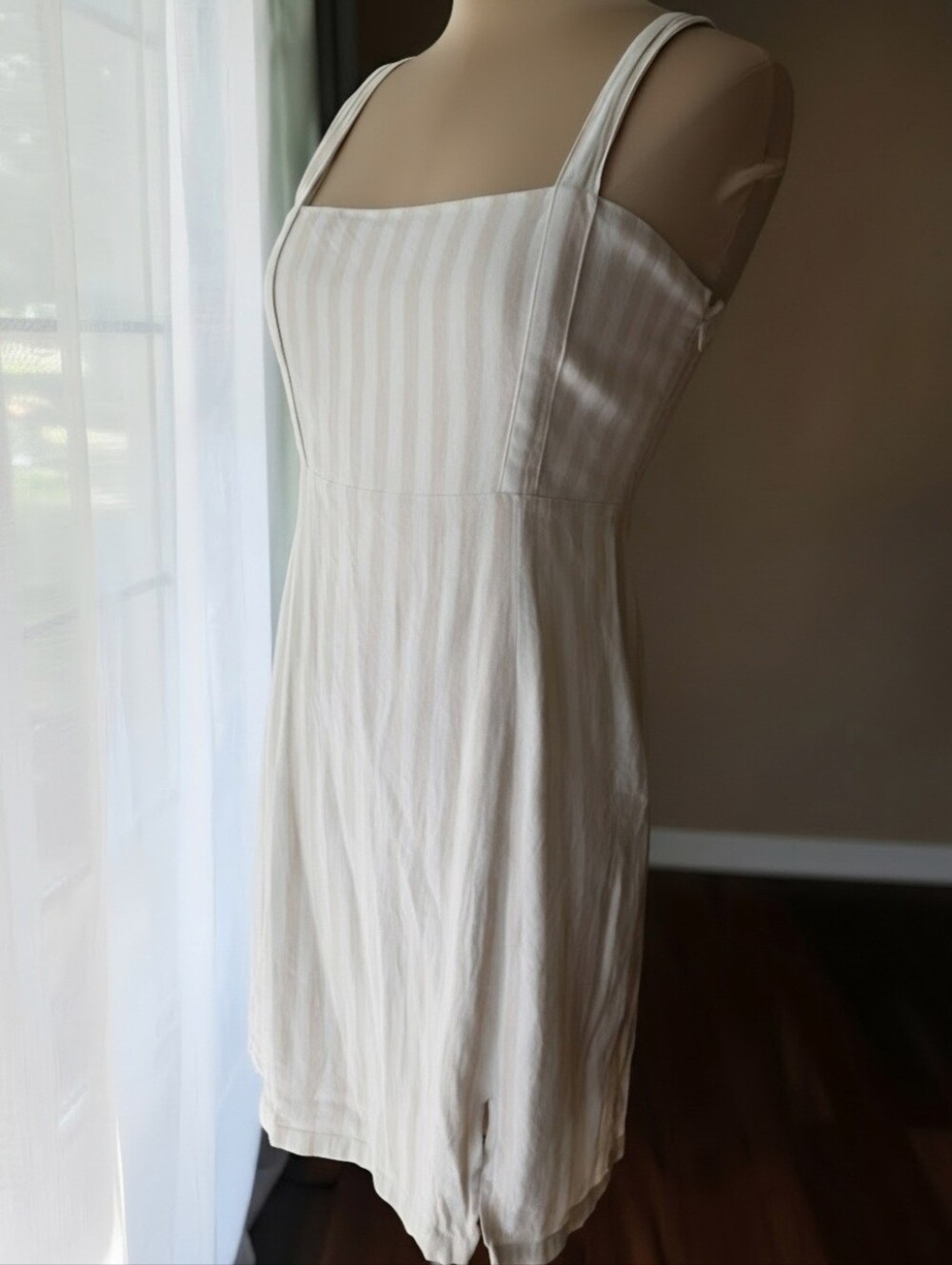 Others Follow Tan White Striped Linen Blend Mini Dress Square Neck Smocked Back